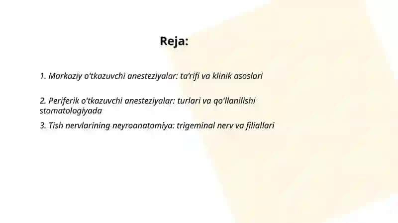 Stomatologiyada ogriksizlantirish usullari - markaziy va pereferik o'tkazuchi anesteziyalar 2