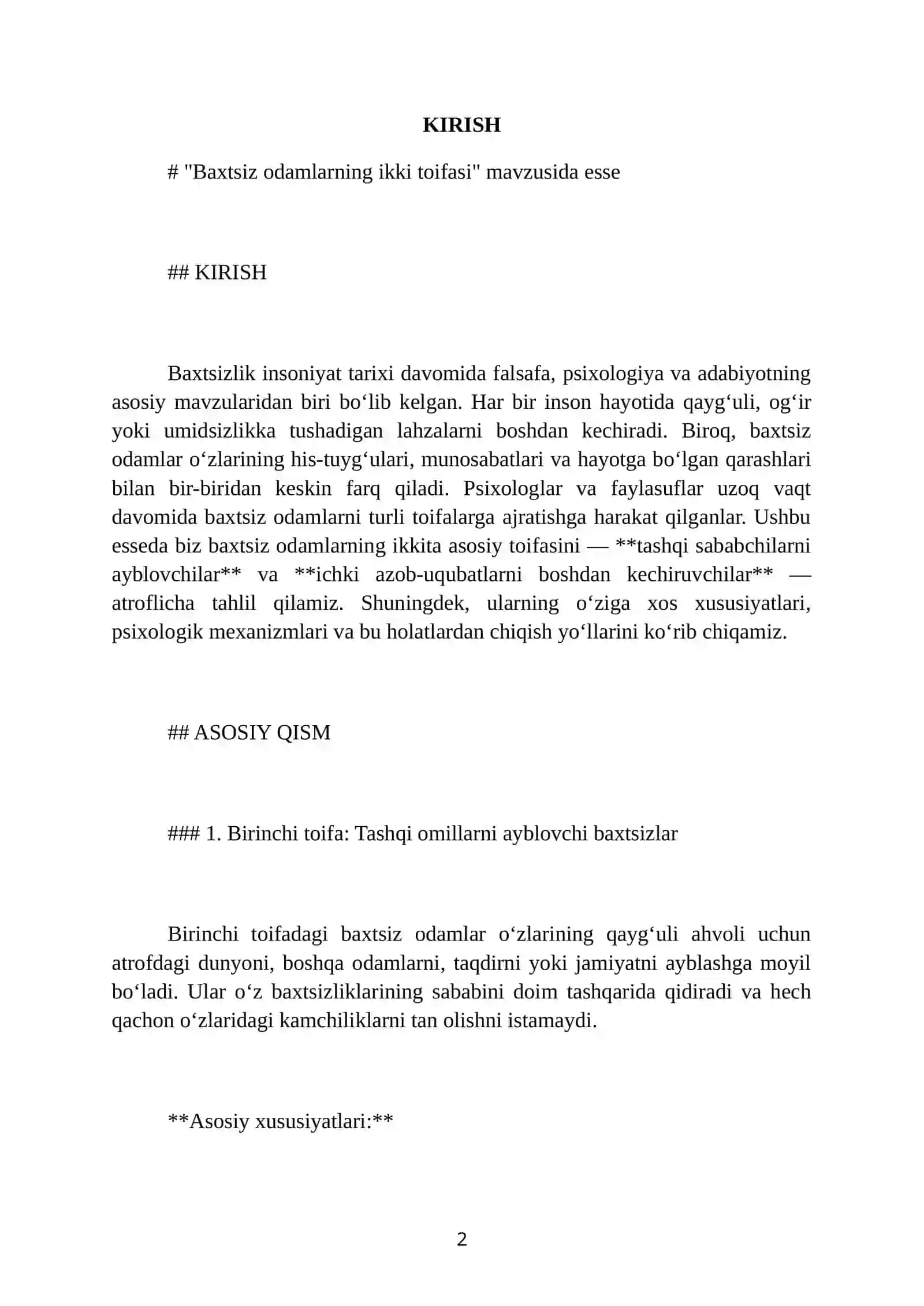 "Baxtsiz odamlarning ikki toifasi" esse 2