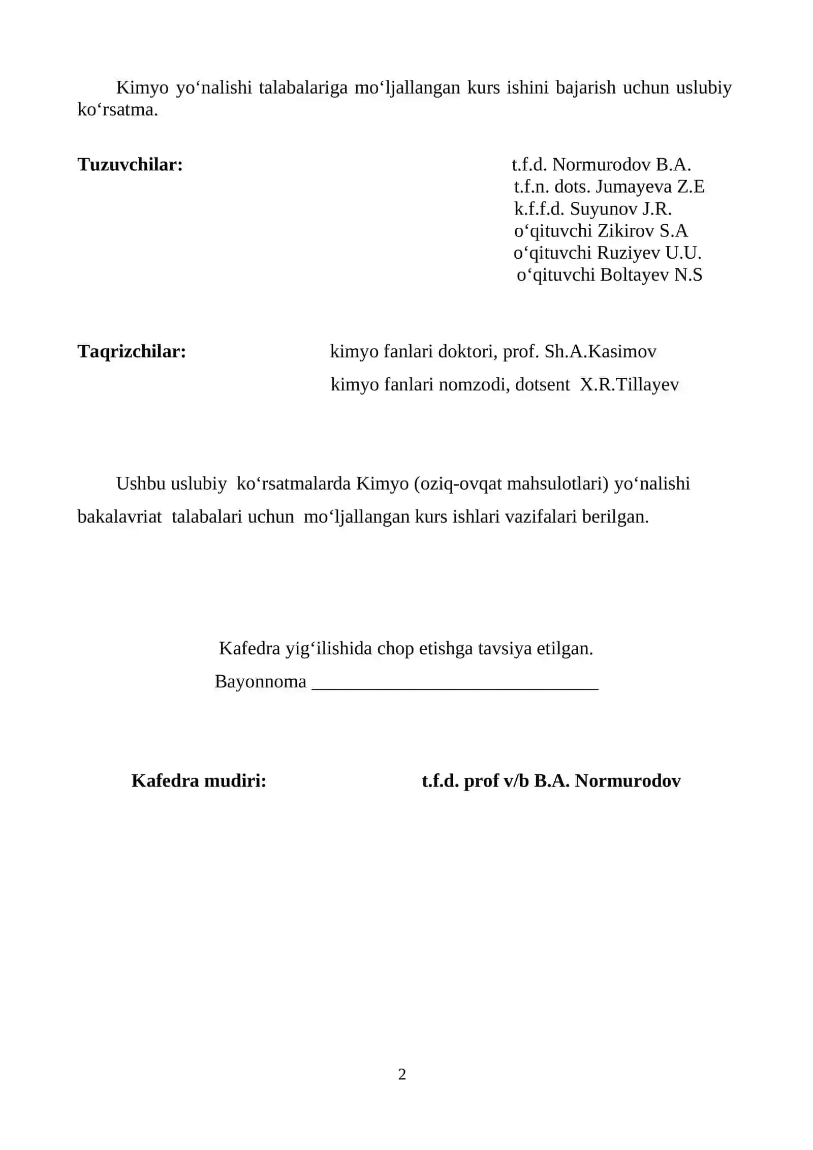 KIMYO TA’LIM YOʻNALISHI TALABALARINING KURS ISHLARINI BAJARISH UCHUN TERMIZ-2025 2