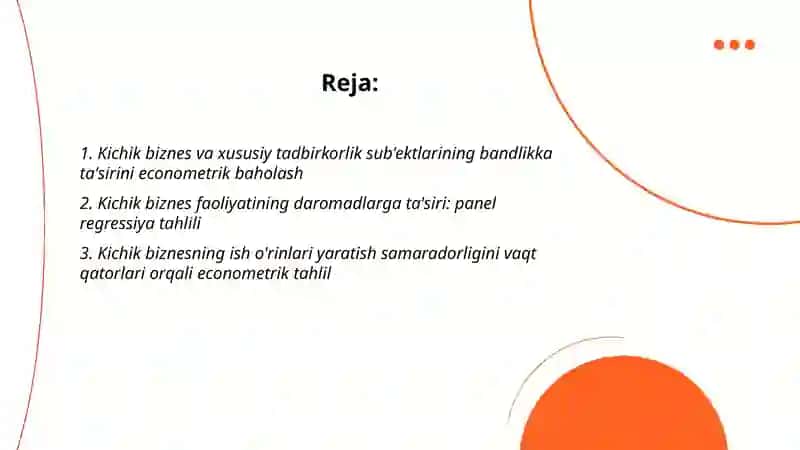 Aholi bandligi va daromadlarini oshirishda kichik biznes va xususiy tadbirkorlik sub'ektlari ko'rsatkichlarini ekonometrik tahlil qilish 2
