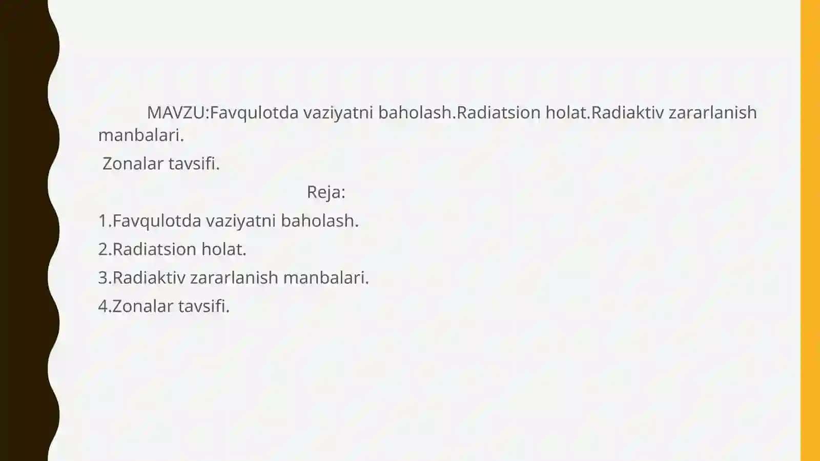 PEDIATRIYA FAKULTETI PEDIATRIYA ISHI 205-A GURUH TALABASI ESIRGAPOVA DIYORANI HAYOT XAVFSIZLIGI FANIDAN TAYYORLAGAN TAQDIMOTI 2
