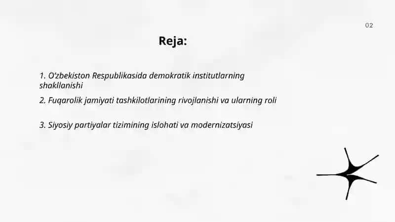 O‘zbekistonda demokratik, fuqarolik jamiyati asoslarining shakllanishi, amalga oshirilgan siyosiy islohotlar 2