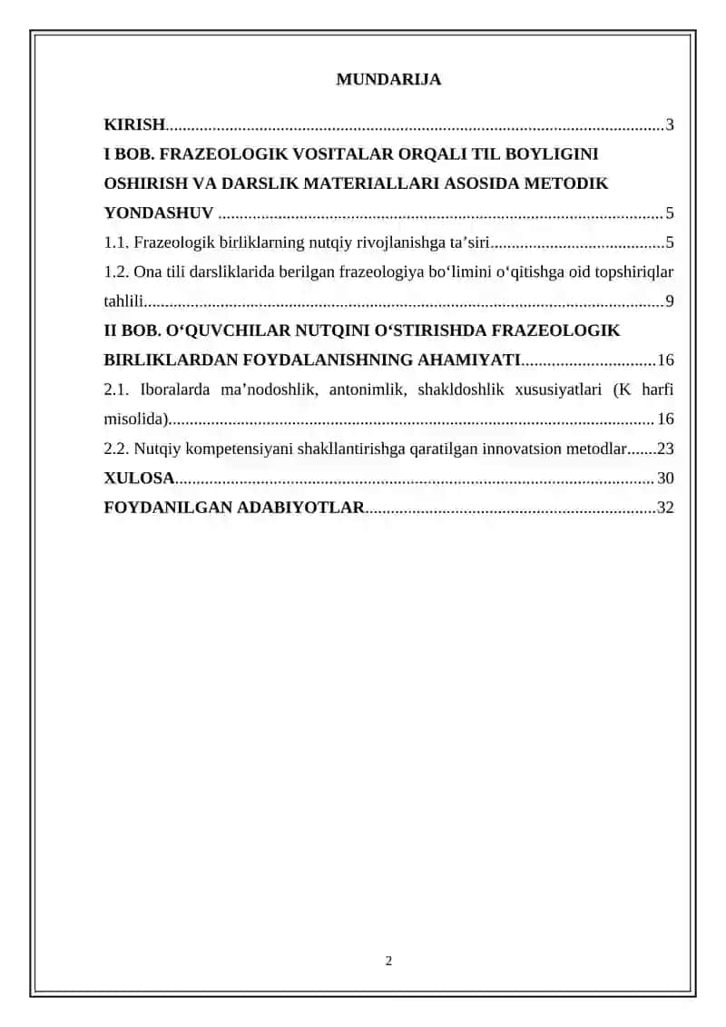 "O‘quvchilar nutqini o‘stirishda frazeologik birliklardan foydalanish" mavzusidagi KURS ISHI 2