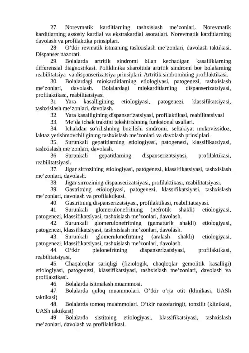 Pediatriya fakulteti 6 kurs talabalari imtixon savollari 2