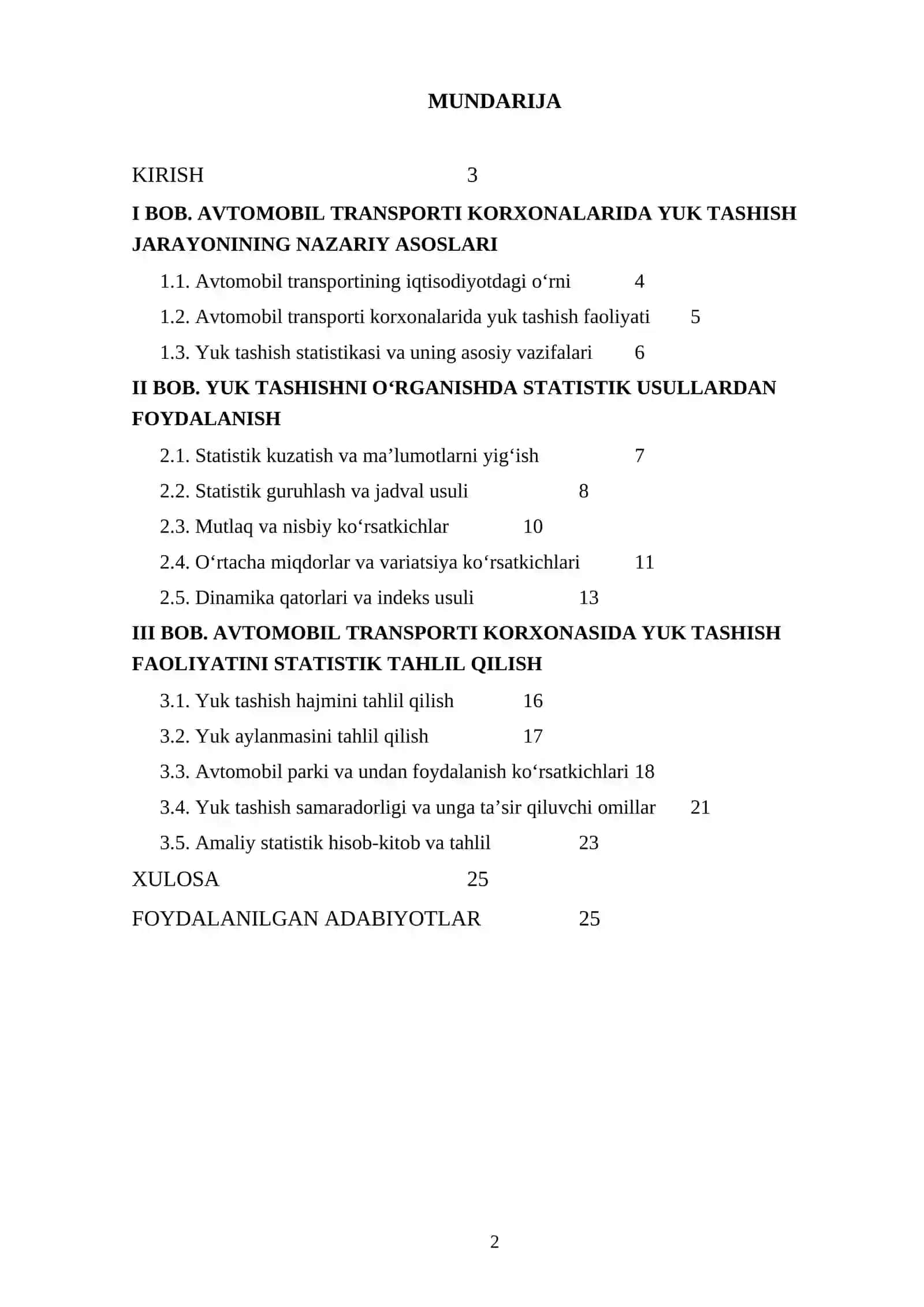 AVTOMOBIL TRANSPORTI KORXONASINING YUK TASHISHINI O‘RGANISHNING STATIK USULLARI 2