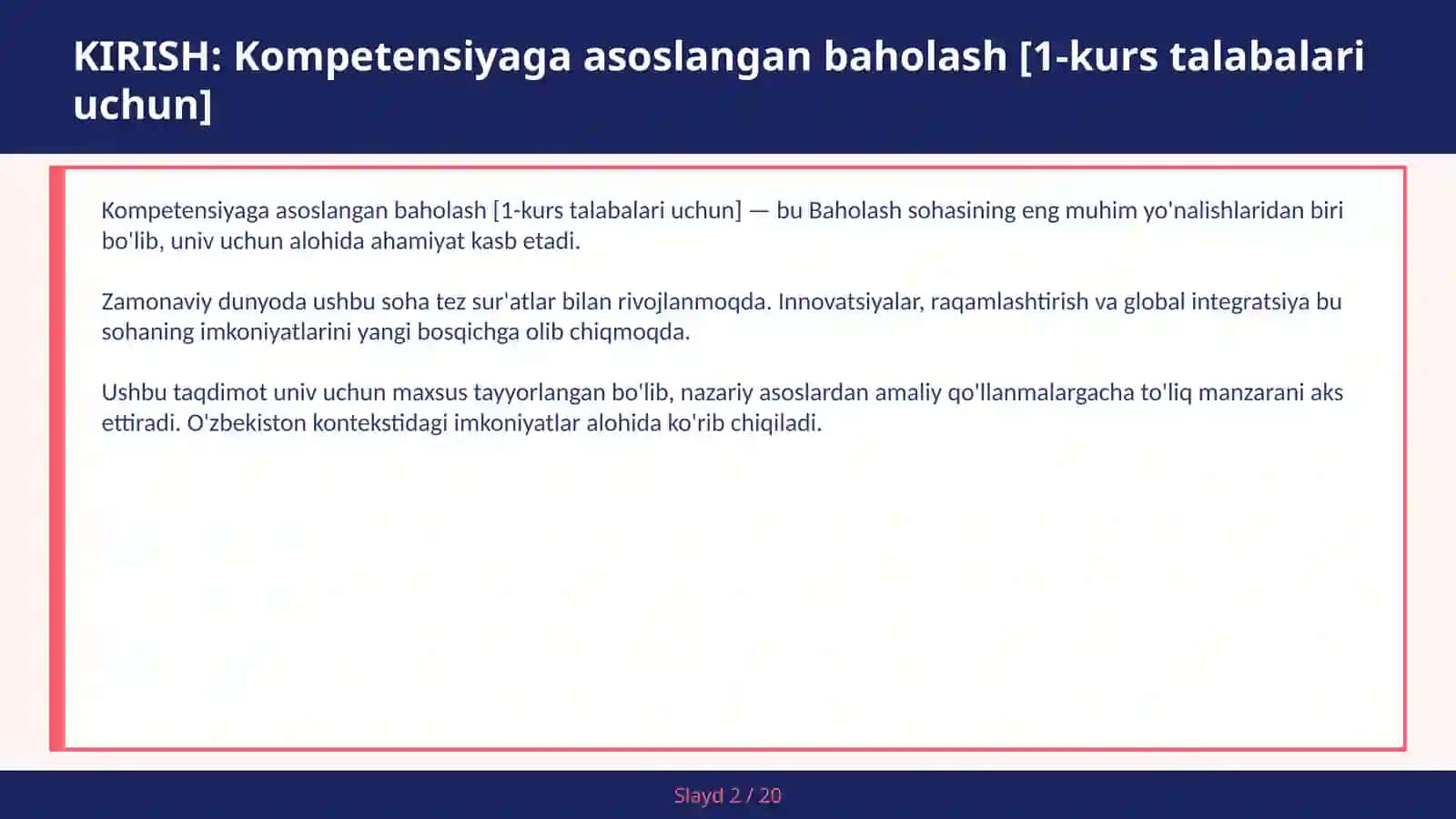 Kompetensiyaga asoslangan baholash [1-kurs talabalari uchun] 2