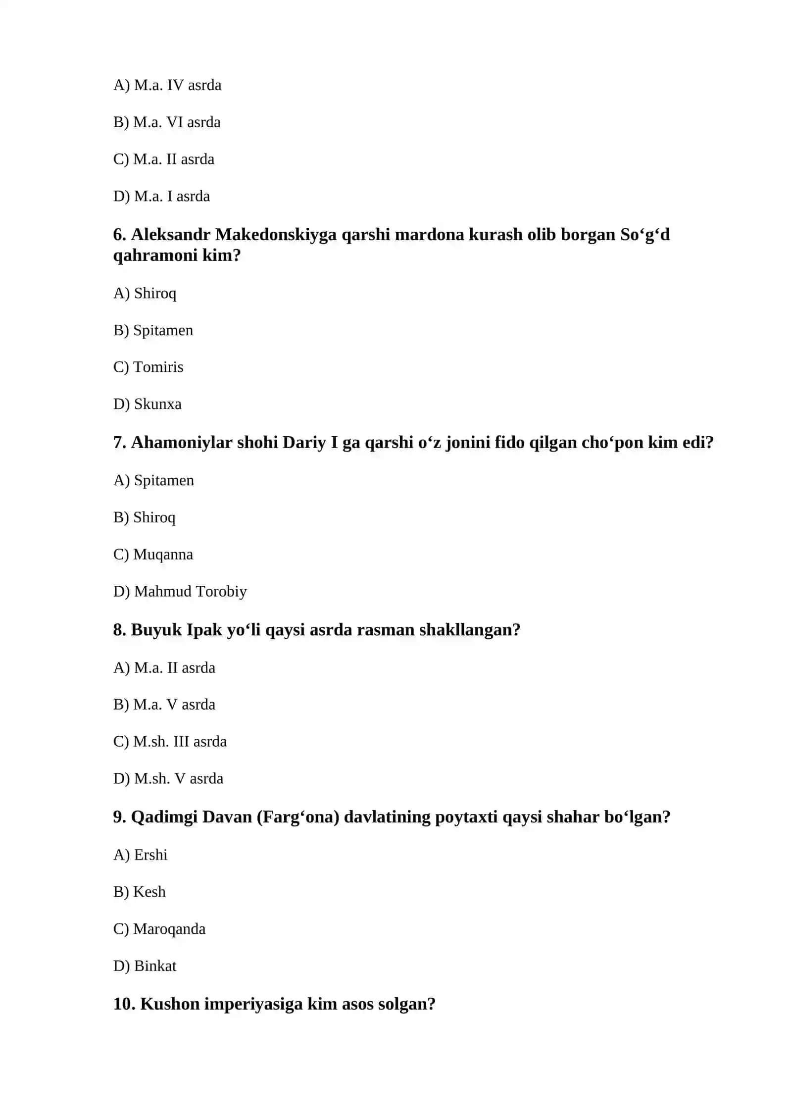 O‘ZBEKISTON TARIXI FANIDAN TEST SAVOLLARI (100 ta savollar javoblar kaliti bilan) 2