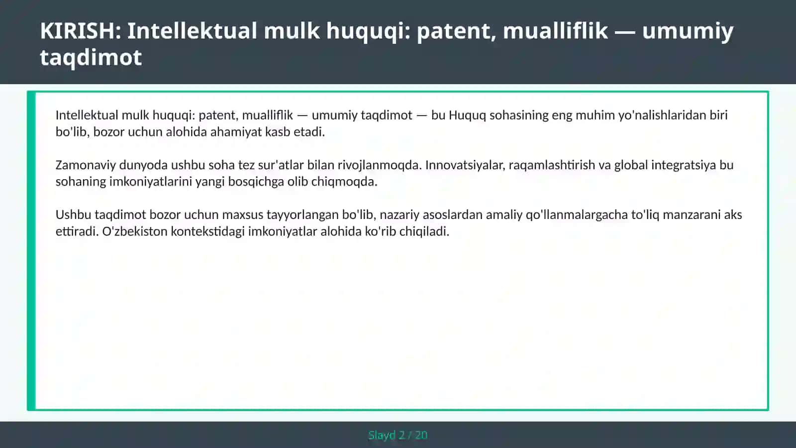 Intellektual mulk huquqi: patent, mualliflik — umumiy taqdimot 2