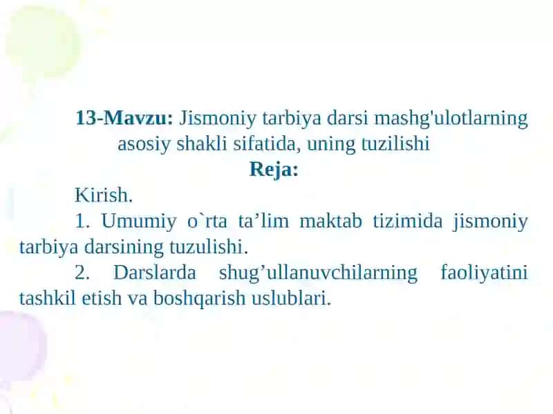 Sport faoliyati (xotin qizlar sporti yo`nalishi bo’yicha)2-kurs talabalari uchun ma’ruzaning taqdimoti 2