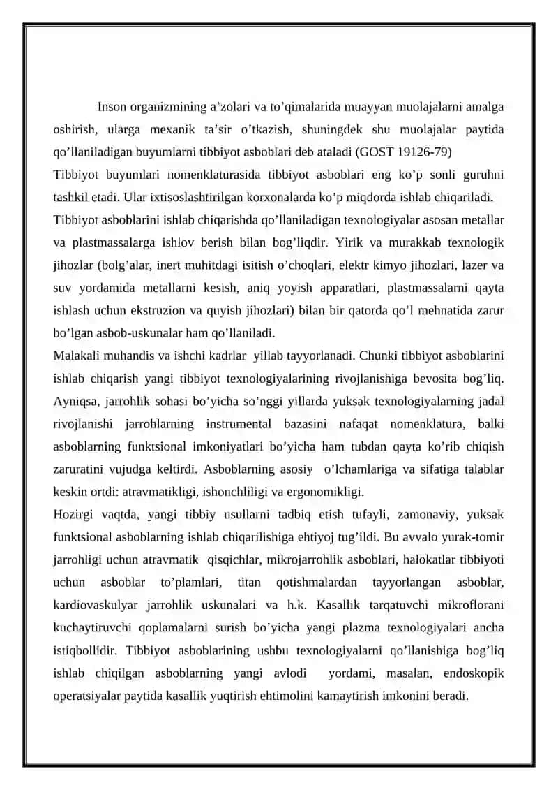 UMUMIY XIRURGIYA ASBOBLARI VA MATERIALLARNI ISHLAB CHIQARISH TEXNOLOGIYASI VA KLASIFIKATSIYASI 2