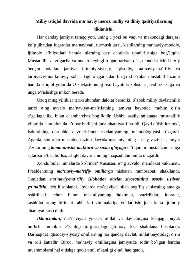 Mustaqillik yillarida  O’zbekistondagi manaviy  va madaniy taraqqiyot 2