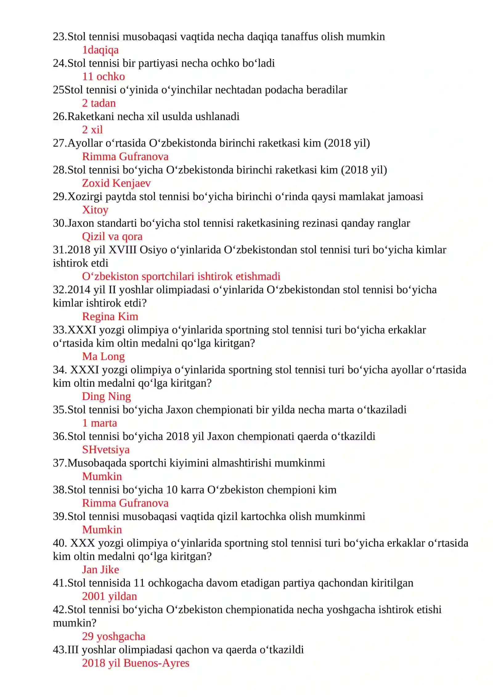 Stol tennisi savol-javoblar 2