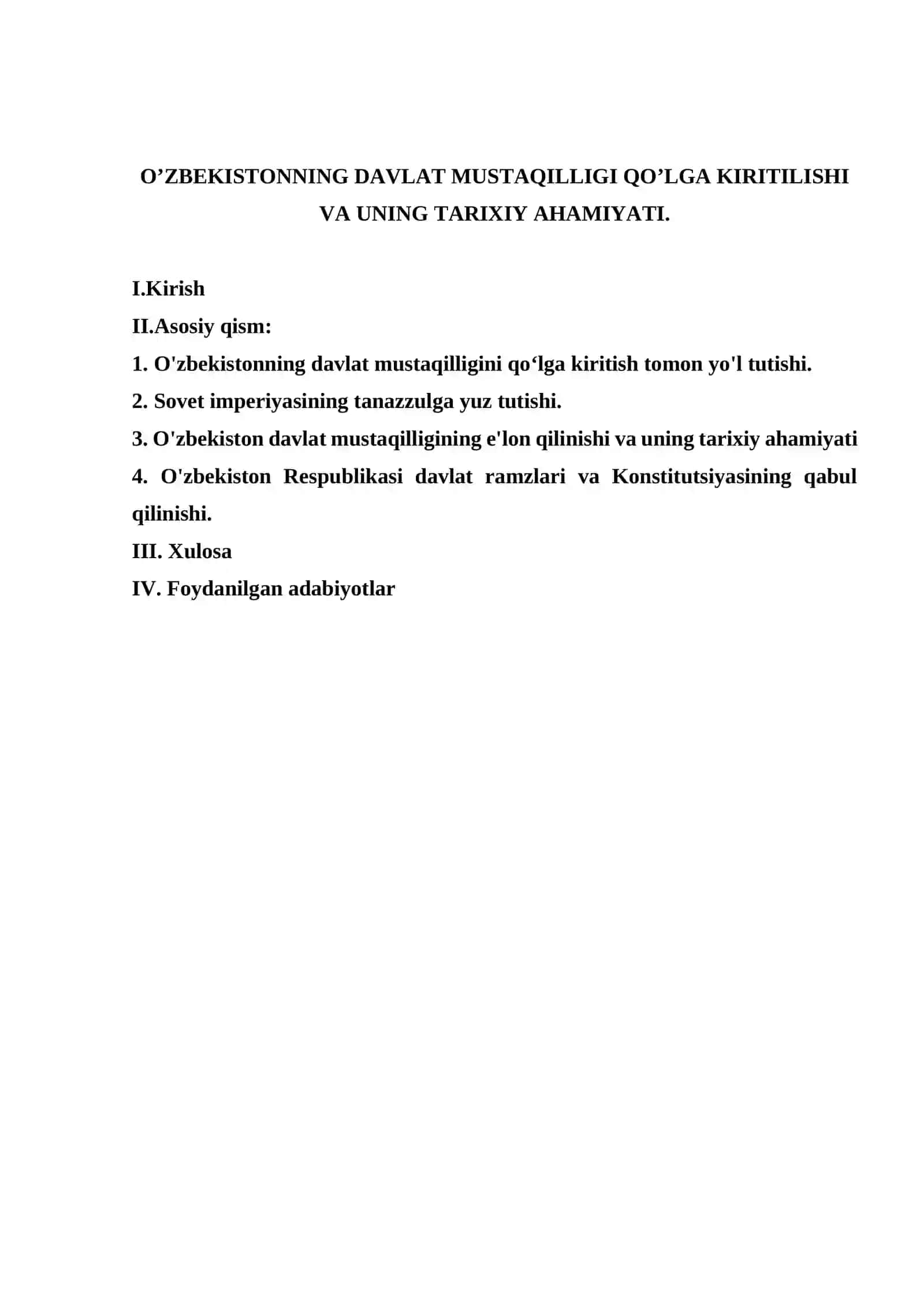 O’ZBEKISTONNING DAVLAT MUSTAQILLIGI QO’LGA KIRITILISHI VA UNING TARIXIY AHAMIYATI. 2