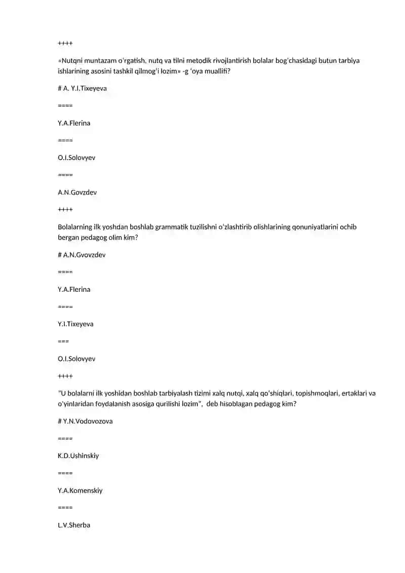 Maktabgacha ta’lim yoshudagi bolalar nutqini o‘stirish fanidan test savollari 2