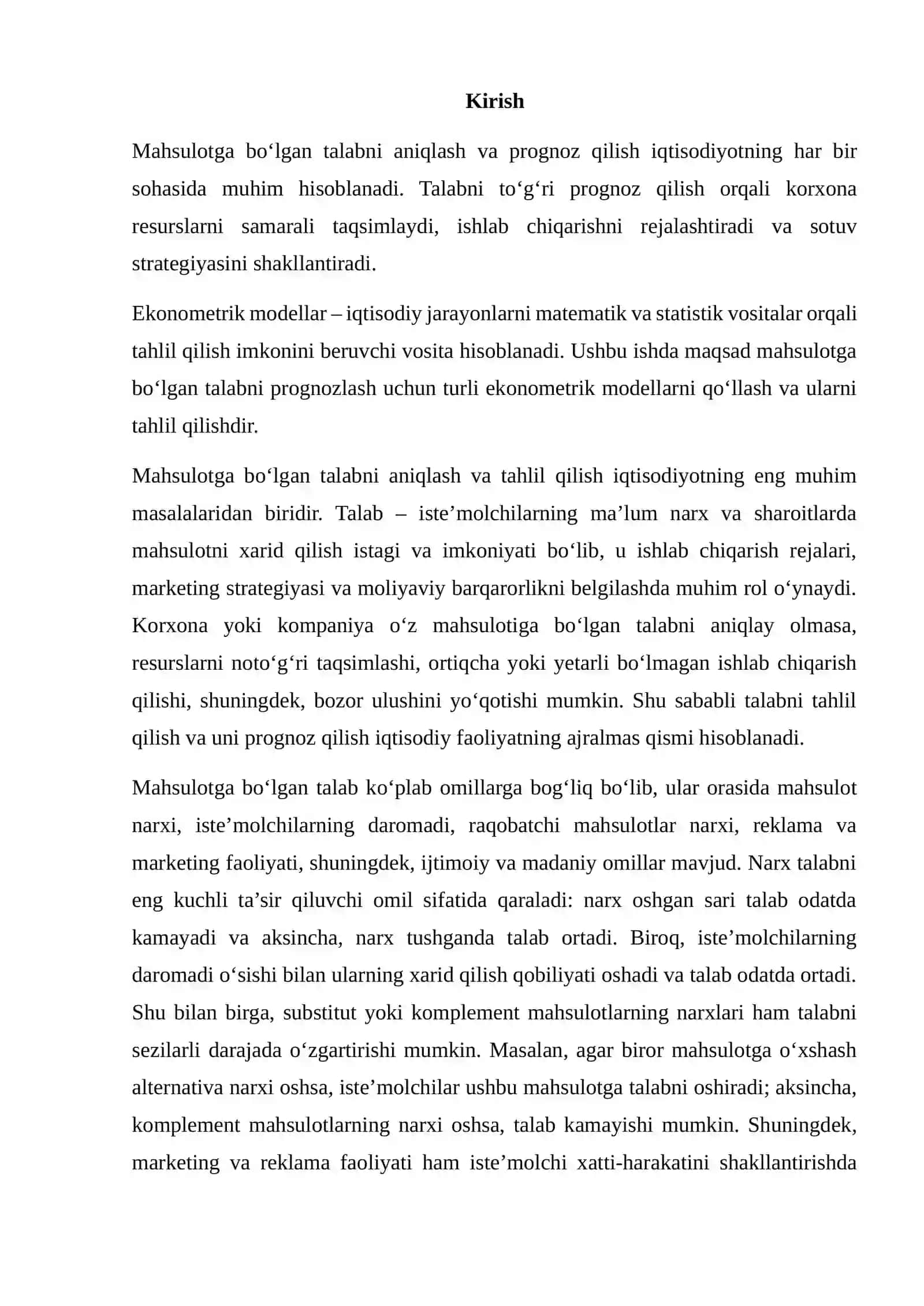 MAHSULOTGA BO‘LGAN TALAB VA TAKLIFNING EKONOMETRIK MODELLARINI TUZISH 2