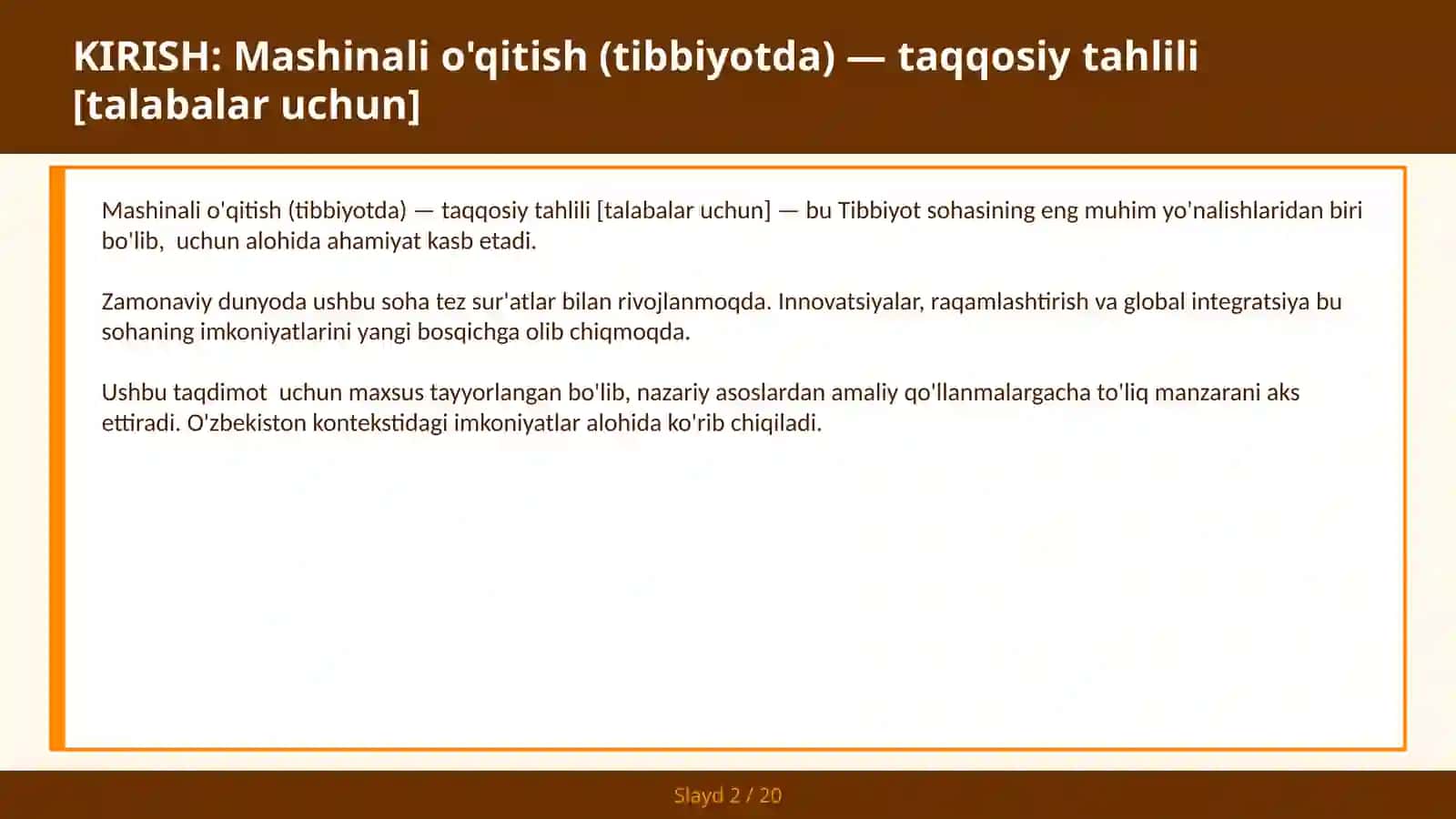MASHINALI O'QITISH (TIBBIYOTDA) — TAQQOSIY TAHLILI [TALABALAR UCHUN] 2