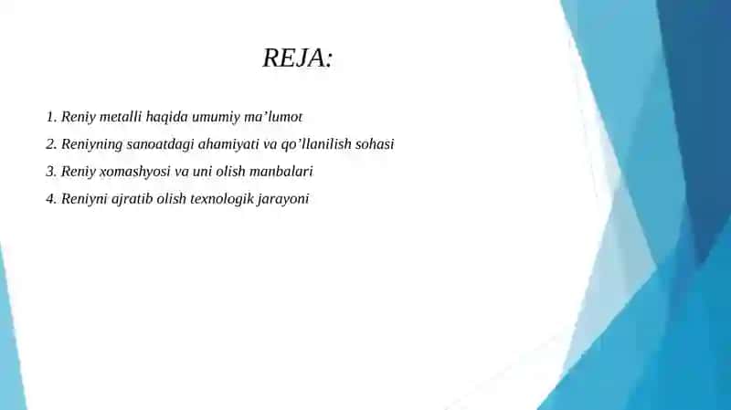 Reniy metallini ishlab chiqarish texnologiyalari 2