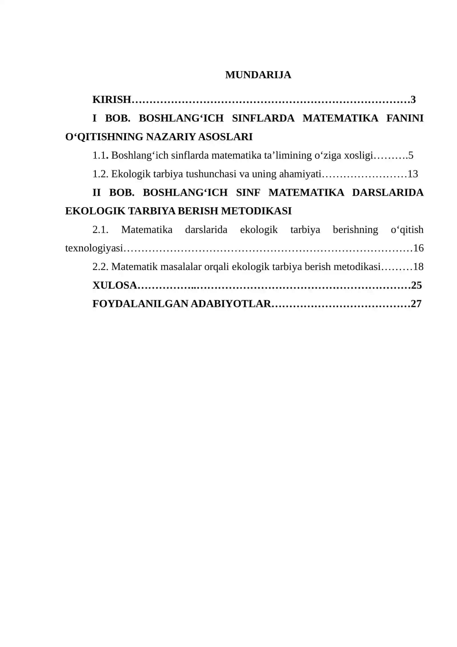 BOSHLANG‘ICH SINFLARDA MATEMATIKA O‘QITISH JARAYONIDA EKOLOGIK TARBIYA BERISH METODIKASI 2