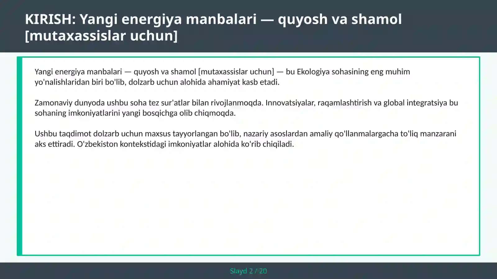 Yangi energiya manbalari — quyosh va shamol [mutaxassislar uchun] 2