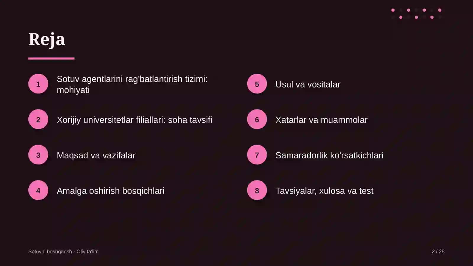 Xorijiy universitetlar filiallarida sotuv agentlarini rag'batlantirish tizimi 2