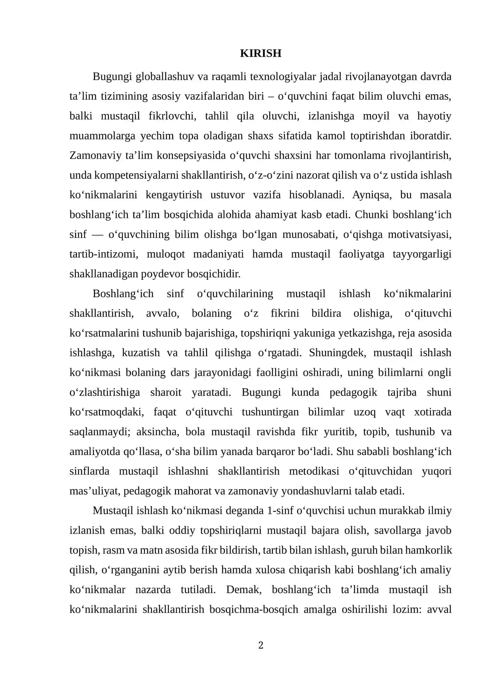 Boshlang‘ich sinf o‘quvchilarining mustaqil ishlash ko‘nikmalarini shakllantirish metodikasi 2