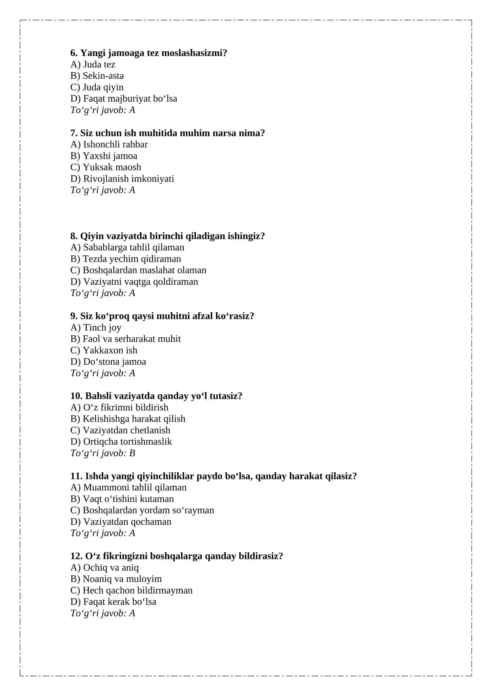 100 TA VARIANTLI PSIXOLOGIK TEST SAVOLLARI ICHKI ISHLARGA KIRUVCHILARGA 2