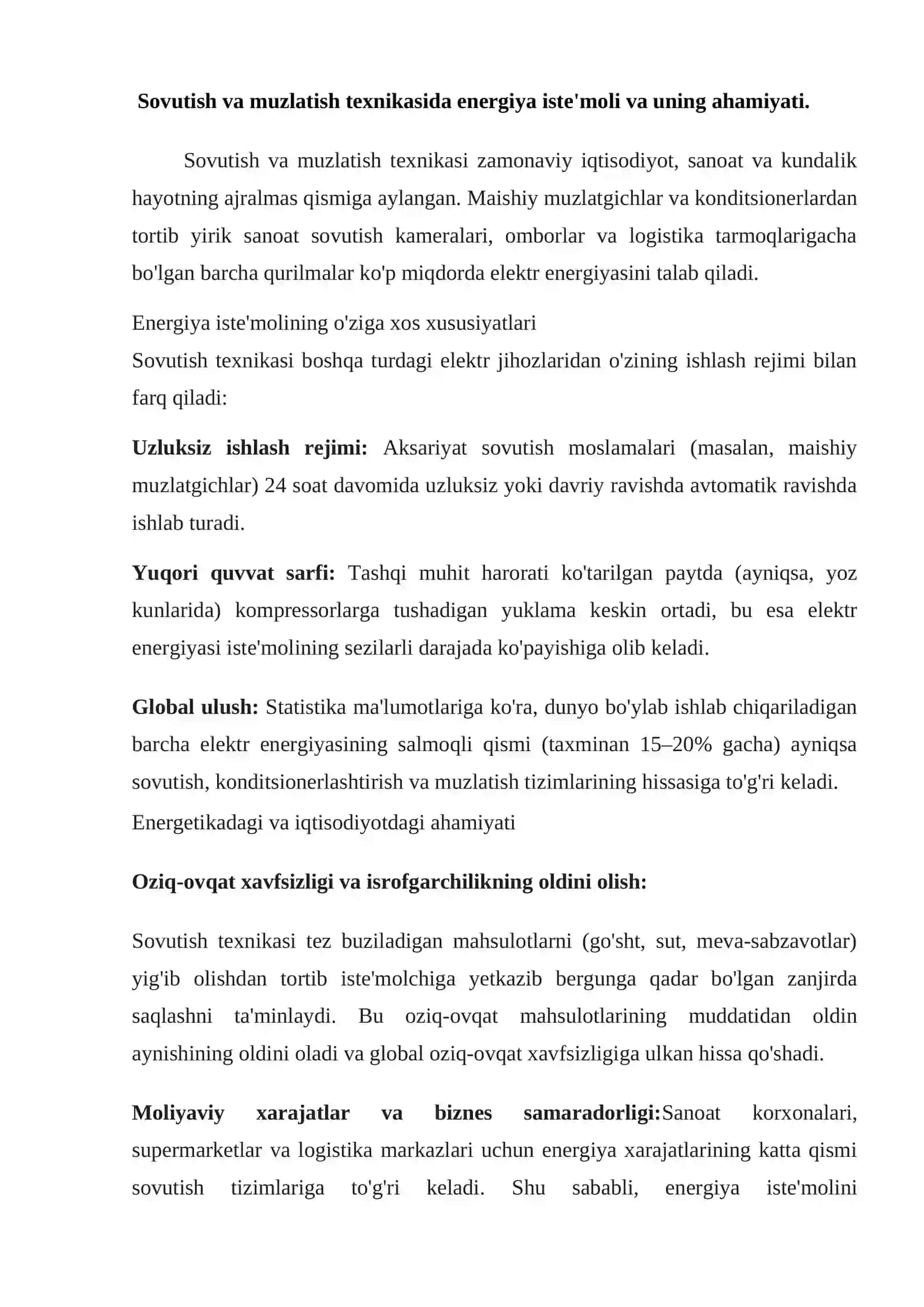 Sovutish tizimlarida va muzlatish texnikasida energosarflarni tejash texnologiyalari 2