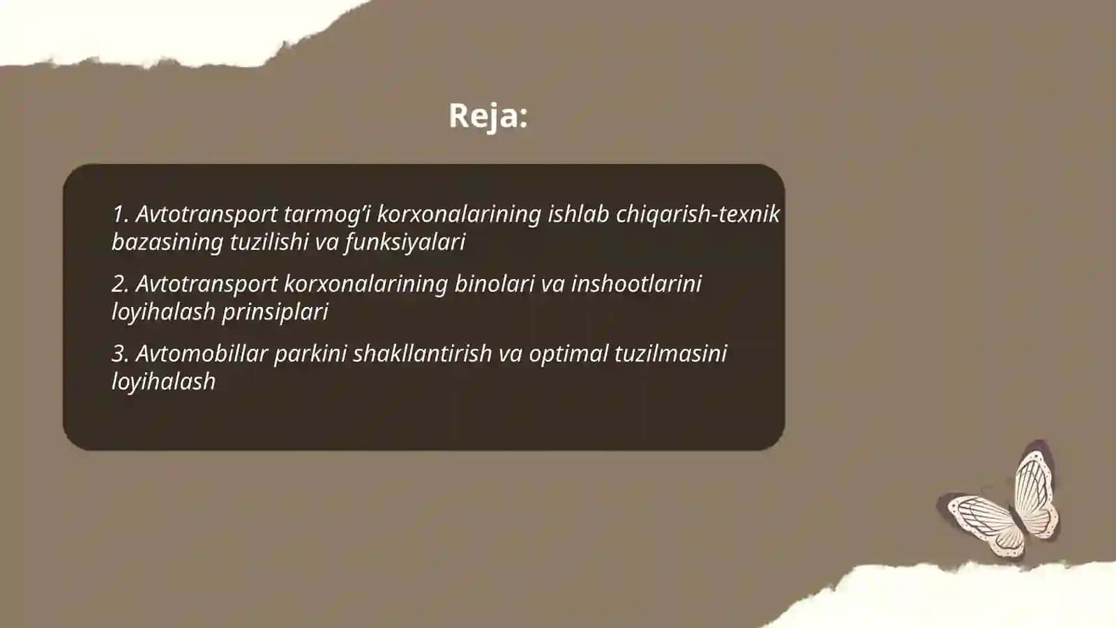 Avtotransport tarmog’i korxonalarining ishlab chiqarish -texnik bazasi va ularni loyihalash 2