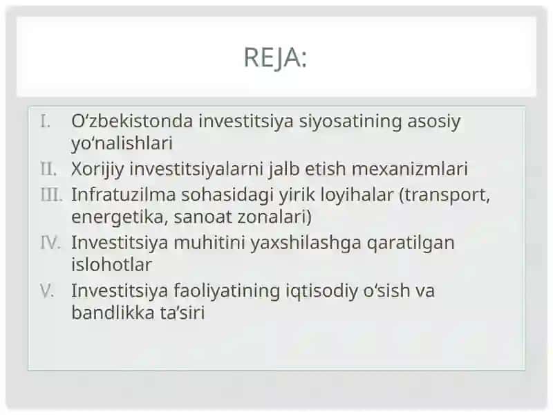 Investitsiya faoliyat va Infiratuzilma 2