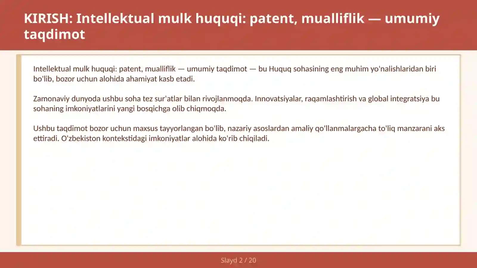 Intellektual mulk huquqi: patent, mualliflik — umumiy taqdimot 2