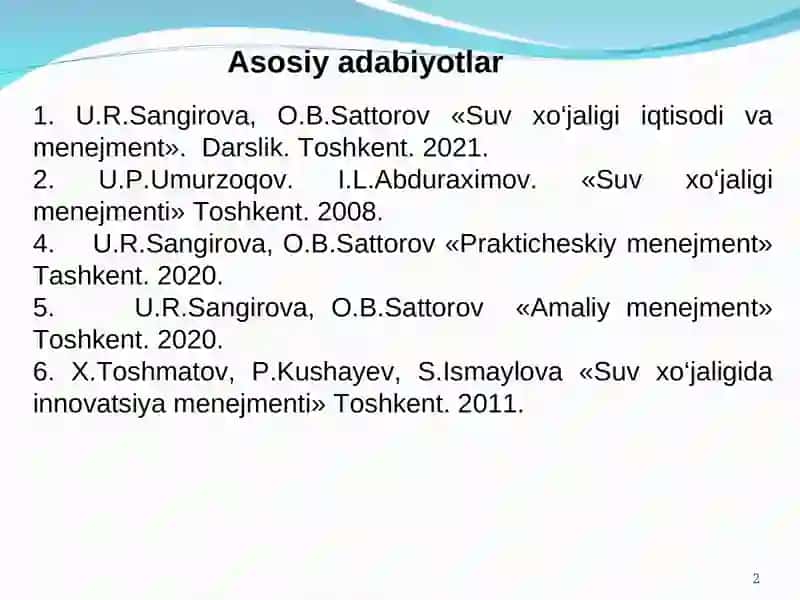 Suv xo‘jaligi iqtisodi va menejment 2