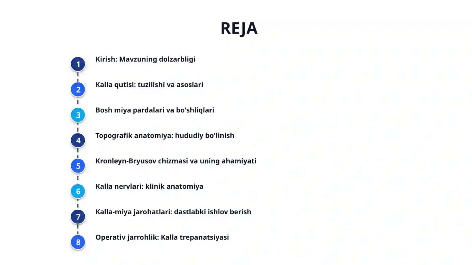 Boshning miya qismi topografik anatomiyasi va operativ xirurgiyasi. Peshona, tepa, ensa, chakka, quloq va so'rg'ichsimon sohalar. Kalla qutisi: kalla gumbazi, tashqi va ichki asoslari. Bosh miya pardalari, pardalararo bo'shliqlar. Bosh miya topografik anatomiyasi. Kronleyn-Bryusova chizmasi. O'n ikki juft kalla nervlari klinik anatomiyasi. Kalla-miya jarohatlariga dastlabki jarrohlik ishlov berish. Boshning yumshoq to'qimalari, venoz sinuslardan ketayotgan qonni to'xtatish. Kalla trepanatsiyasi: 2