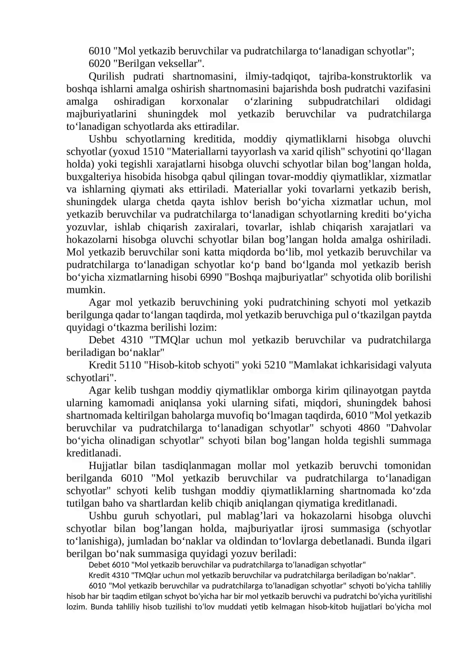 Mol yetkazib beruvchi va pudratchilar bilan hisoblashishlarning hisobi 2