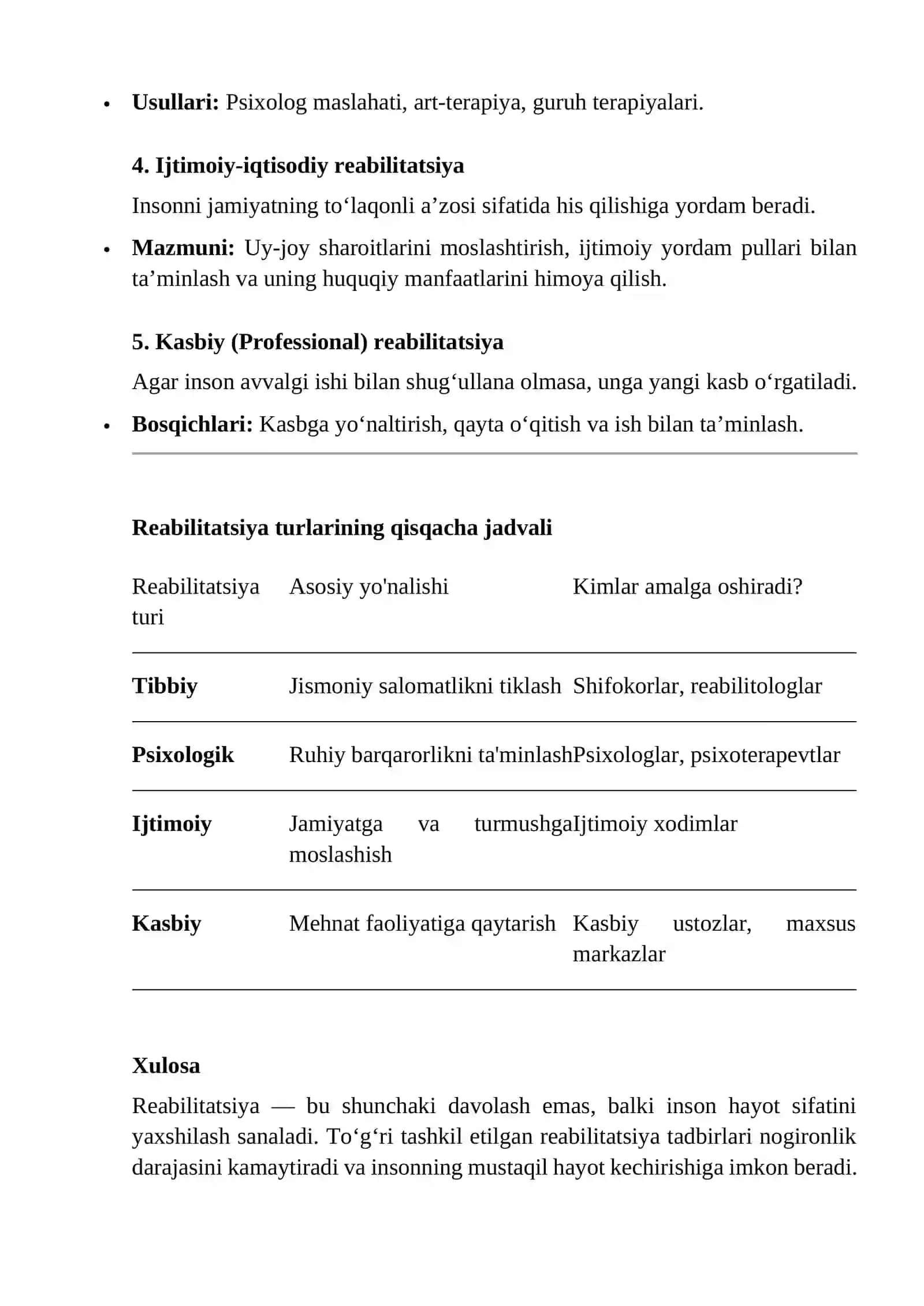 Reabilitatsiya turlari. Tibbiy, professional (mehnat), ijtimoiy va pedagogik reabilitatsiya 2