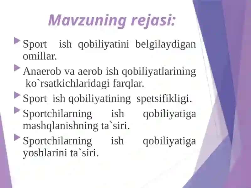 Sport ish qobiliyatining biokimyoviy omillari. Sportchilarning tezkorlik-kuchlilik sifatlari va chidamkorligining biokimyoviy asoslari. Sportchilar ovqatlanishining biokimyoviy asoslari 2