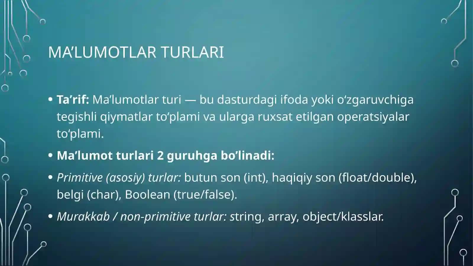Ma'lumotlar turlari va o'zgaruvchilar 2