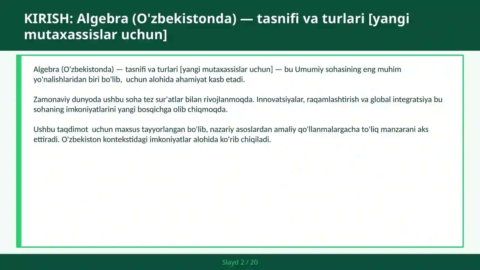 Algebra (O'zbekistonda) — tasnifi va turlari [yangi mutaxassislar uchun] 2