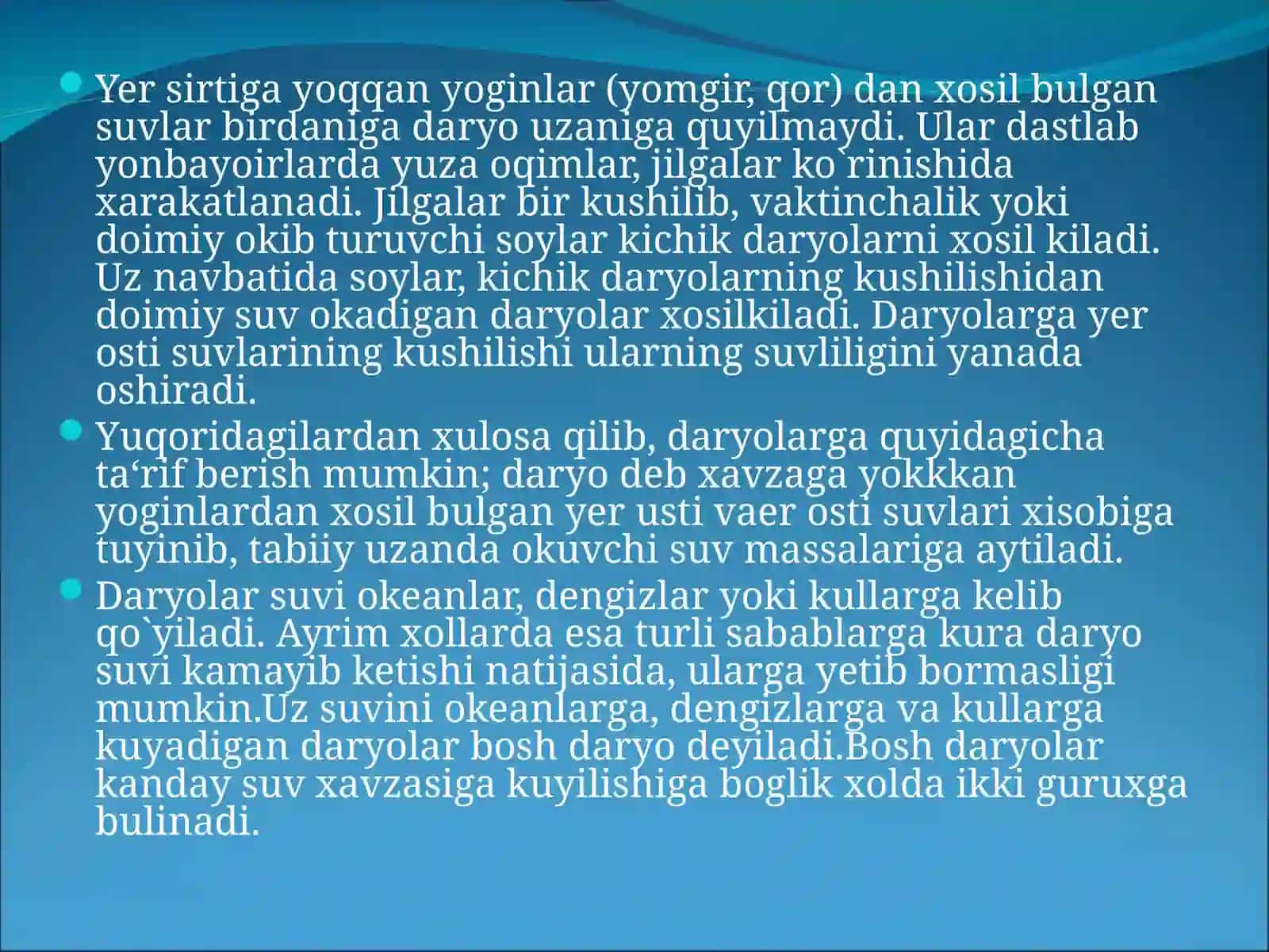 YER USTI SUVLARI. DARYOLAR, KO`LLAR VA SUV OMBORLARI 2