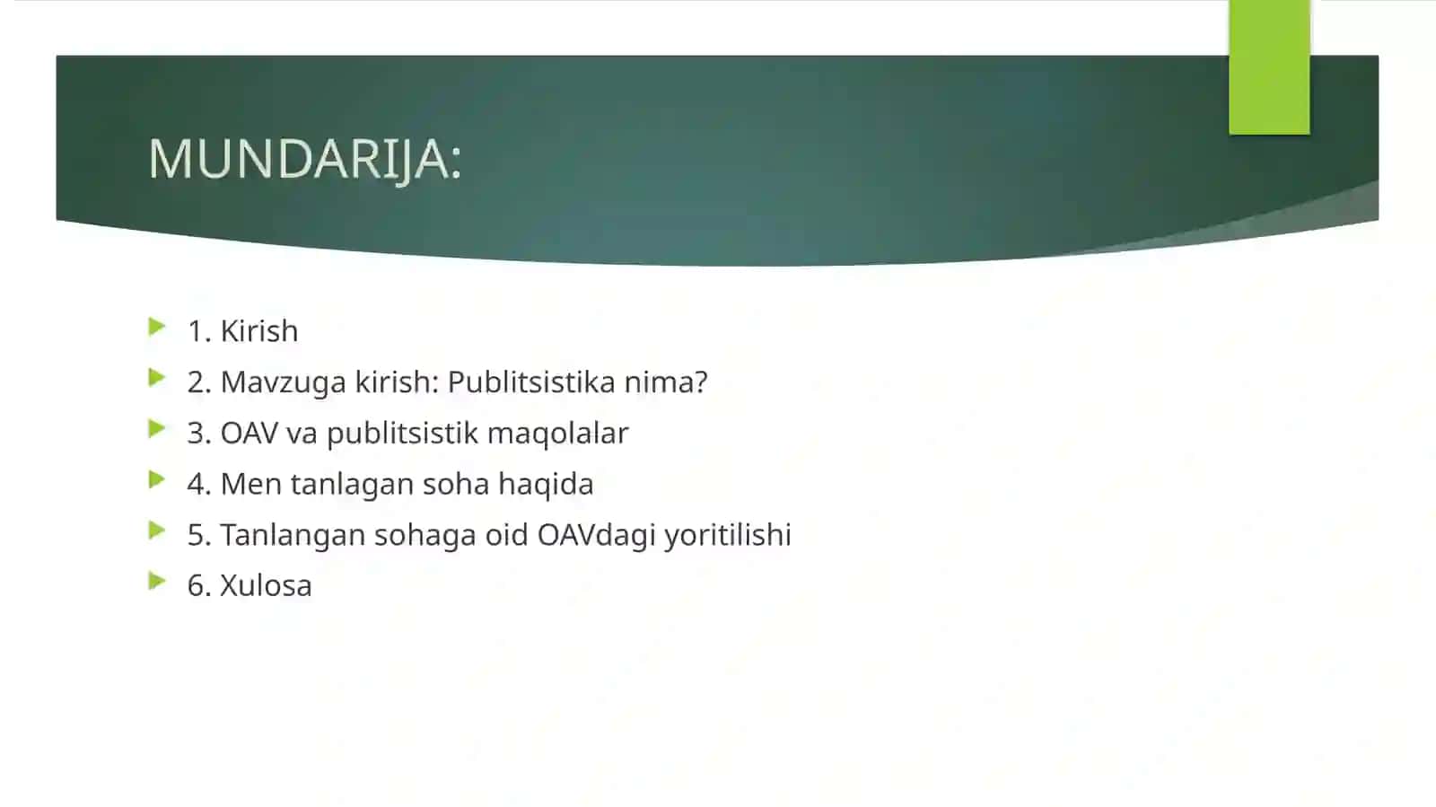 Publitsistik maqolalar bilan tanishish va tahlil qilish. Men tanlagan soha va OAV mavzusida esse yozish 2