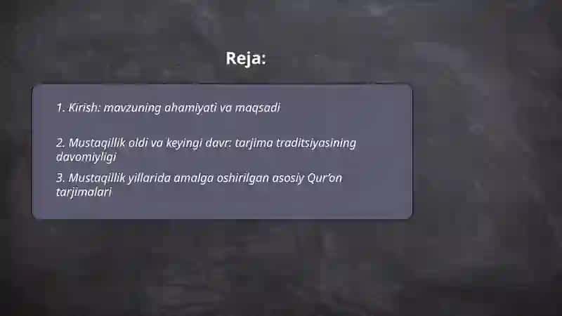 Mustaqillik yillarida Qur’oning oʻzbek tiliga tarjima qilinishi va tafsirlari haqida taqdimot tayyorlash 2