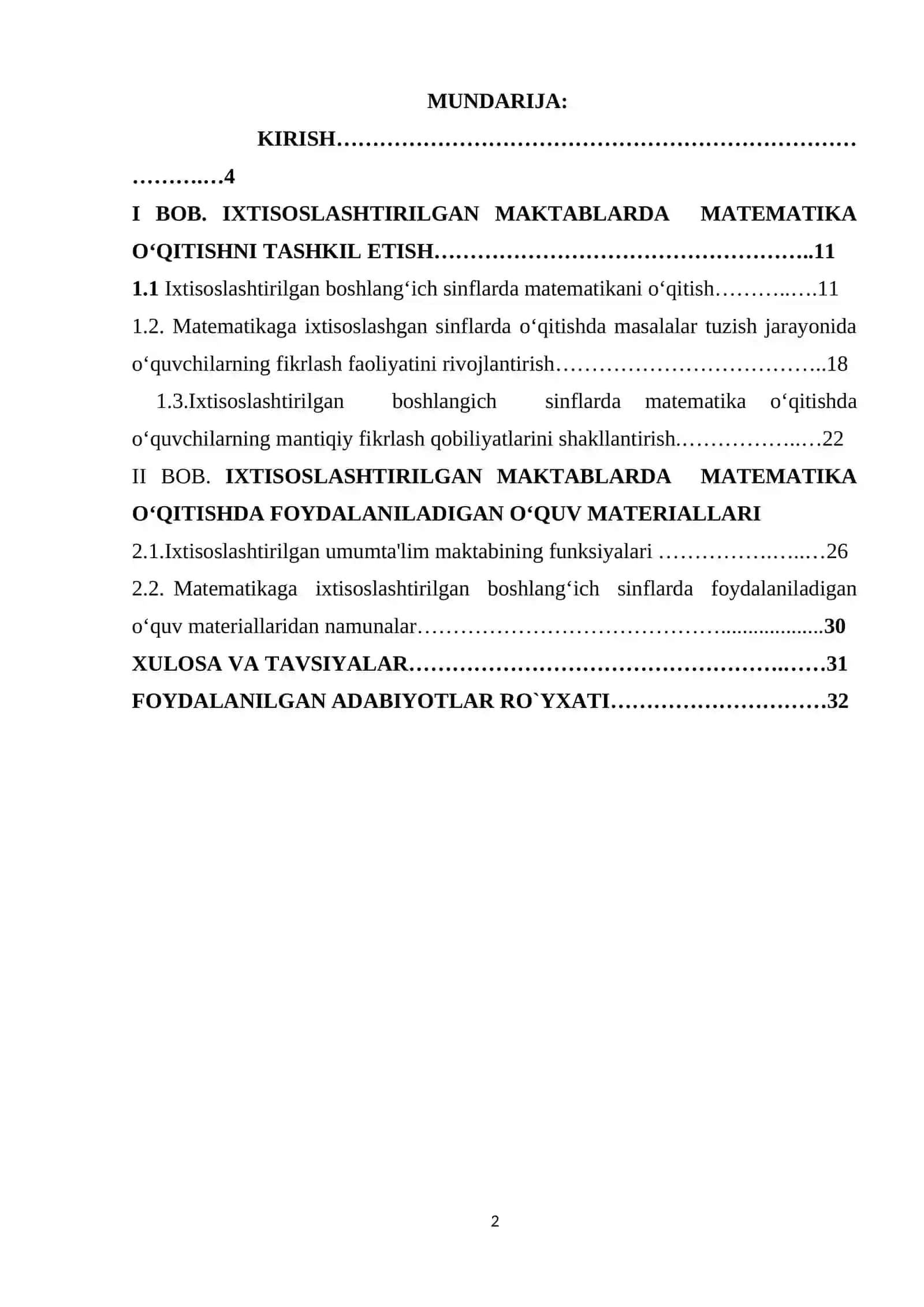 IXTISOSLASHTIRILGAN MAKTABLARDA BOSHLANG‘ICH SINF MATEMATIKA O‘QITISHNI TASHKIL ETISH METODIKASI 2