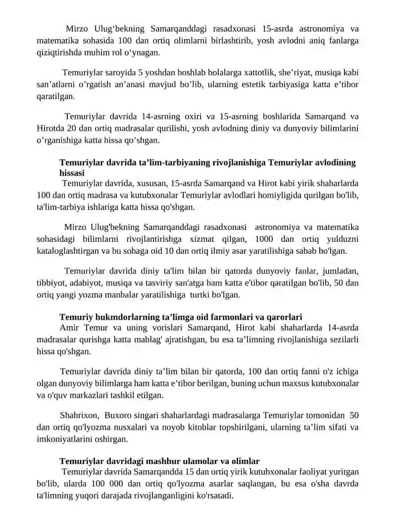 Temuriylar davrida temuriyzodalarning talim tafbiyaga qoʻshgan xissalari 2