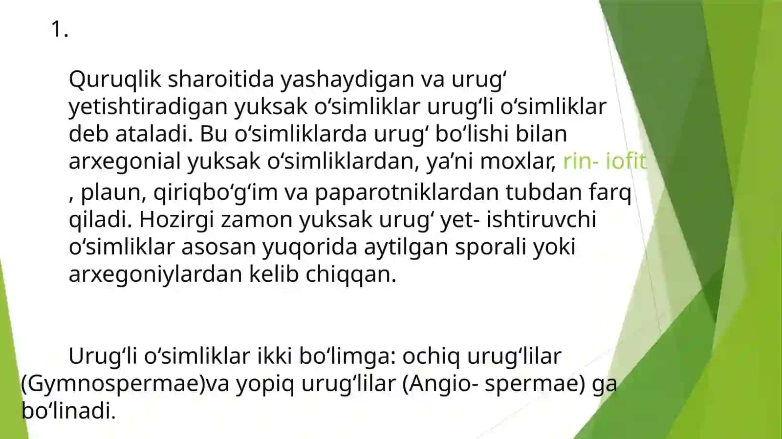 Ochiq va yopiq urug’li o’simliklar,ularning qishloq xo’jaligidagi ahamyat 2