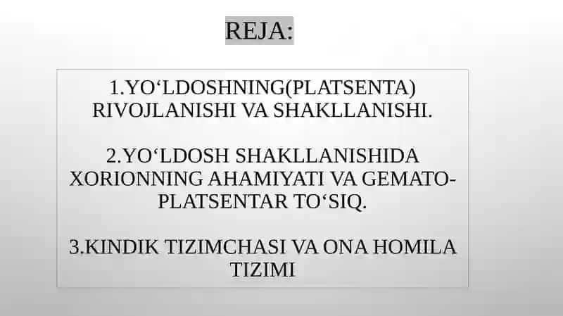 YO’LDOSHNING RIVOJLANISH YO’LDOSHNING SHAKLLANISHIDA HORIONNING AHAMIYATI. GEMATO-PLATSENTAR TO’SIQNING TUZILISHI VA AHAMIYATI. KINDIK TIZIMCHASINING RIVOJLANISHI, TUZILISHI VA VAZIFALARI. ONA-HOMILA TIZIMI. 2