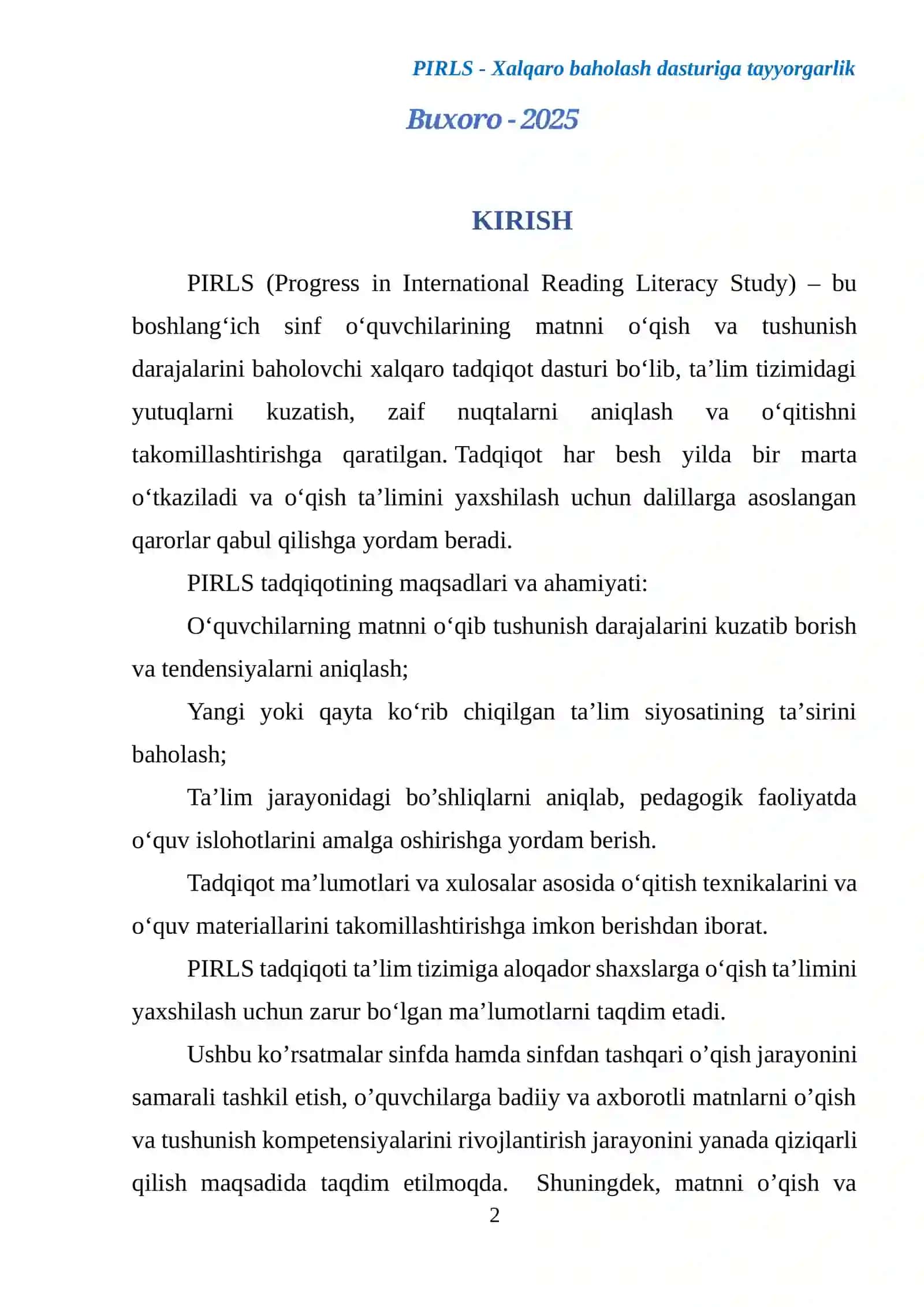 PIRLS - Xalqaro baholash dasturiga tayyorgarlik 2
