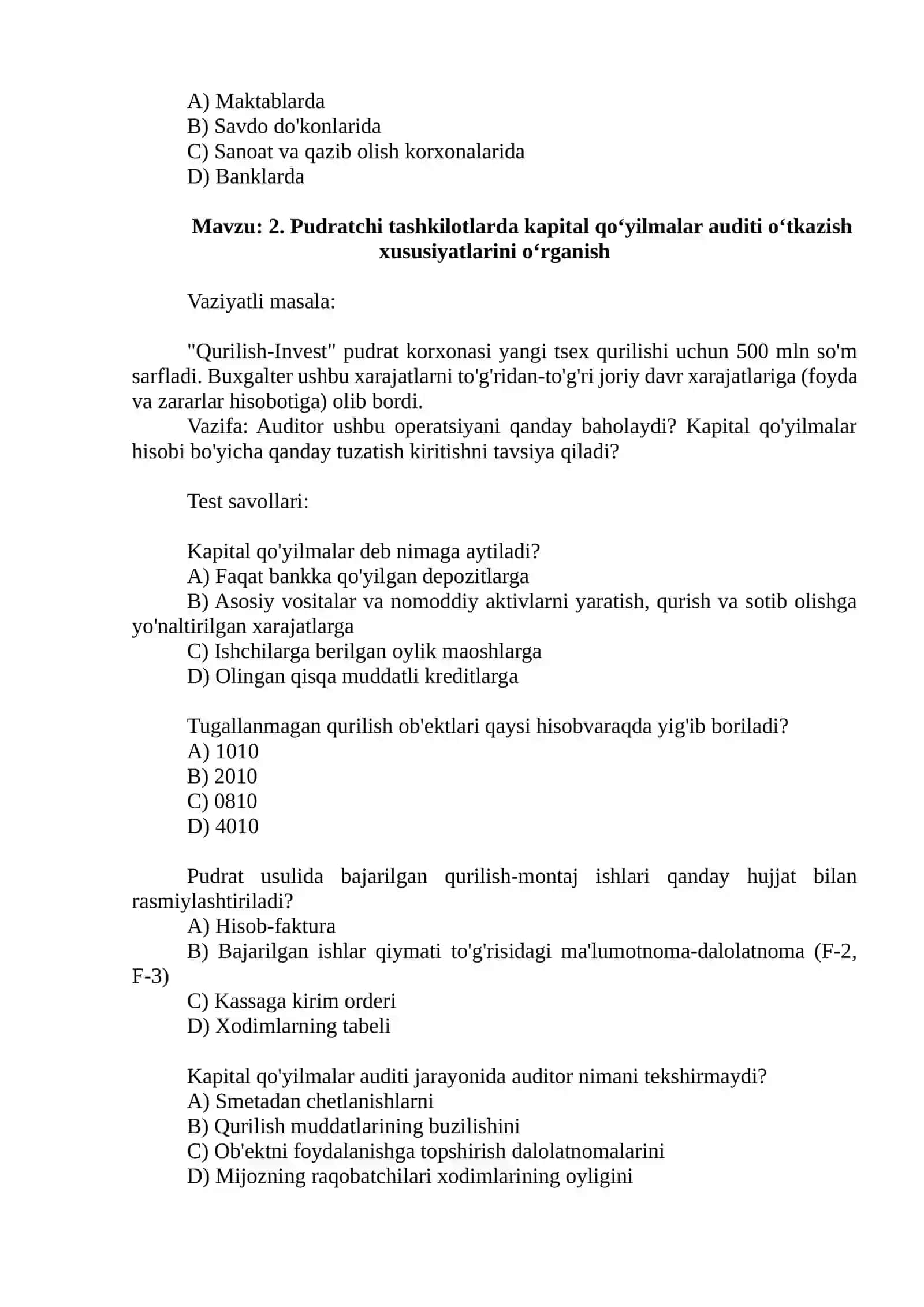 Boshqa tarmoqlarda audit xususiyatlari, vazifalari va maqsadi 2