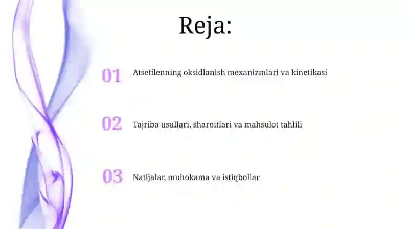 Atsetilen oksidlanishi bo'yiicha tajribalar 2
