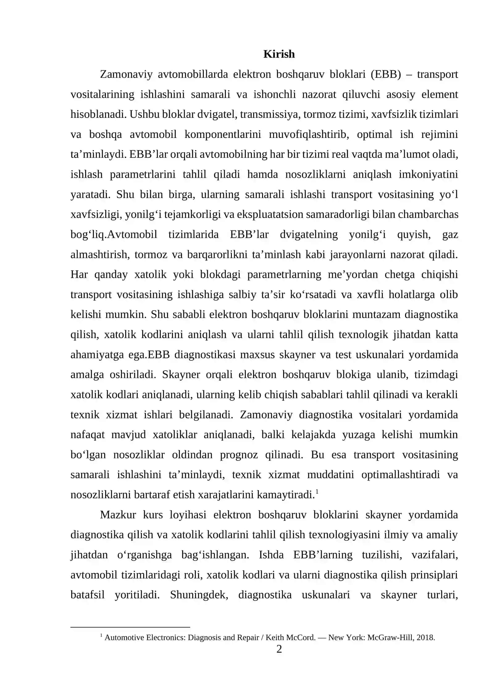 Elektron boshqaruv bloklarini skayner yordamida diagnostika qilish va xatolik kodlarini tahlil qilish texnalogik xaritasi 2