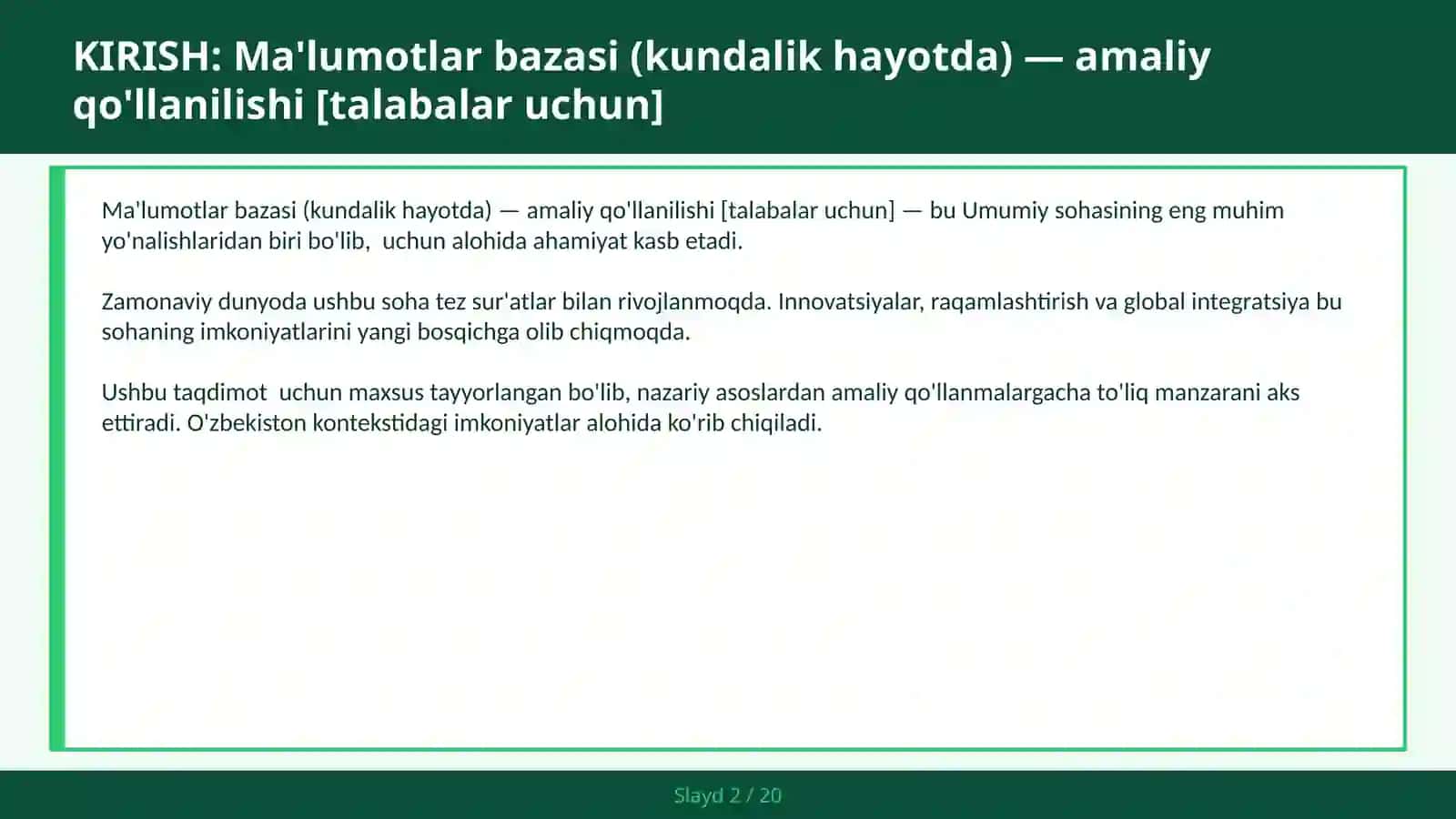 MA'LUMOTLAR BAZASI (KUNDALIK HAYOTDA) — AMALIY QO'LLANILISHI [TALABALAR UCHUN] 2