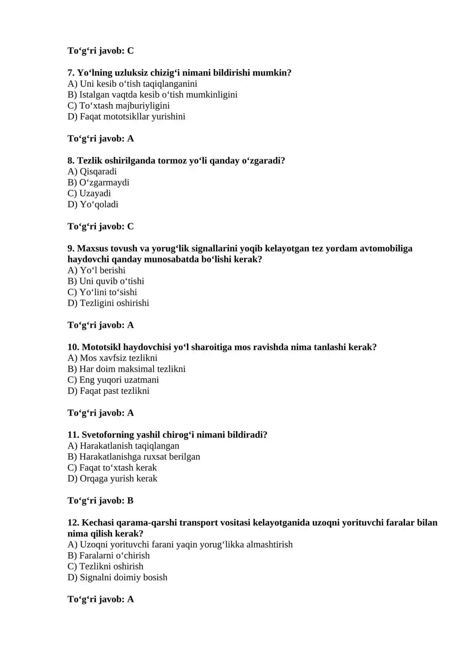 A B toifada haydovchilik guvohnomasi testlari va javobi 2